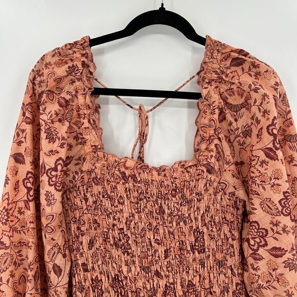 FREE PEOPLE Pink Floral Smocked Balloon Sleeve Square Neck Mini Dress Size Small - Picture 6 of 11